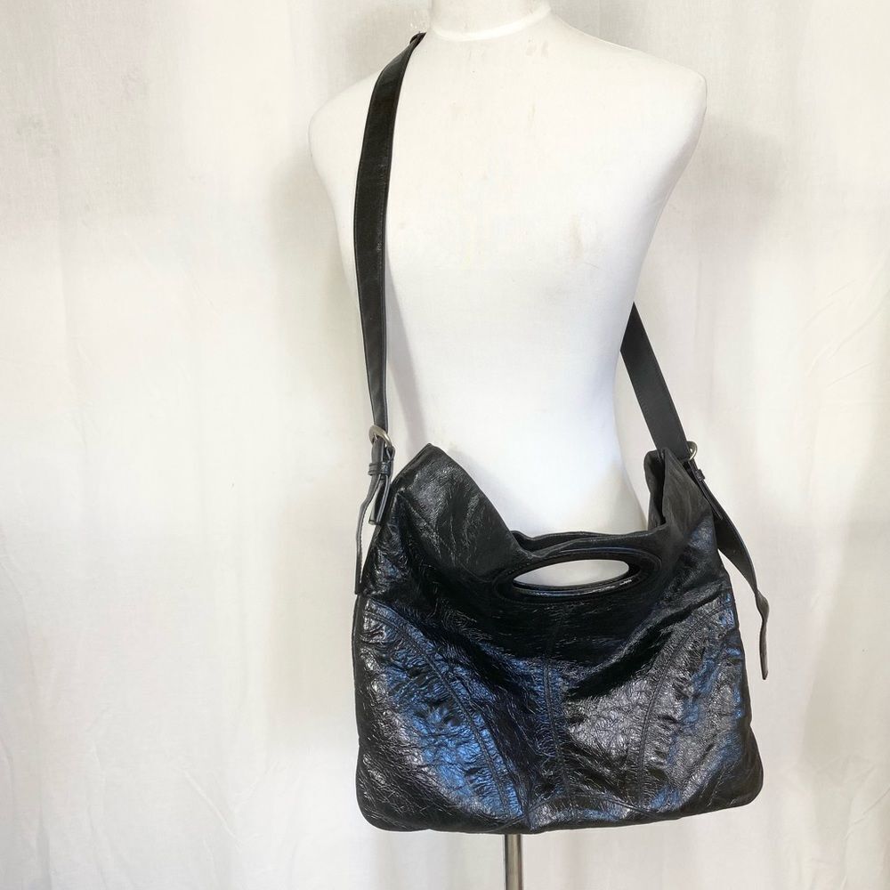 Sergio Rossi black patent leather crinkle fold over crossbody clutch bag